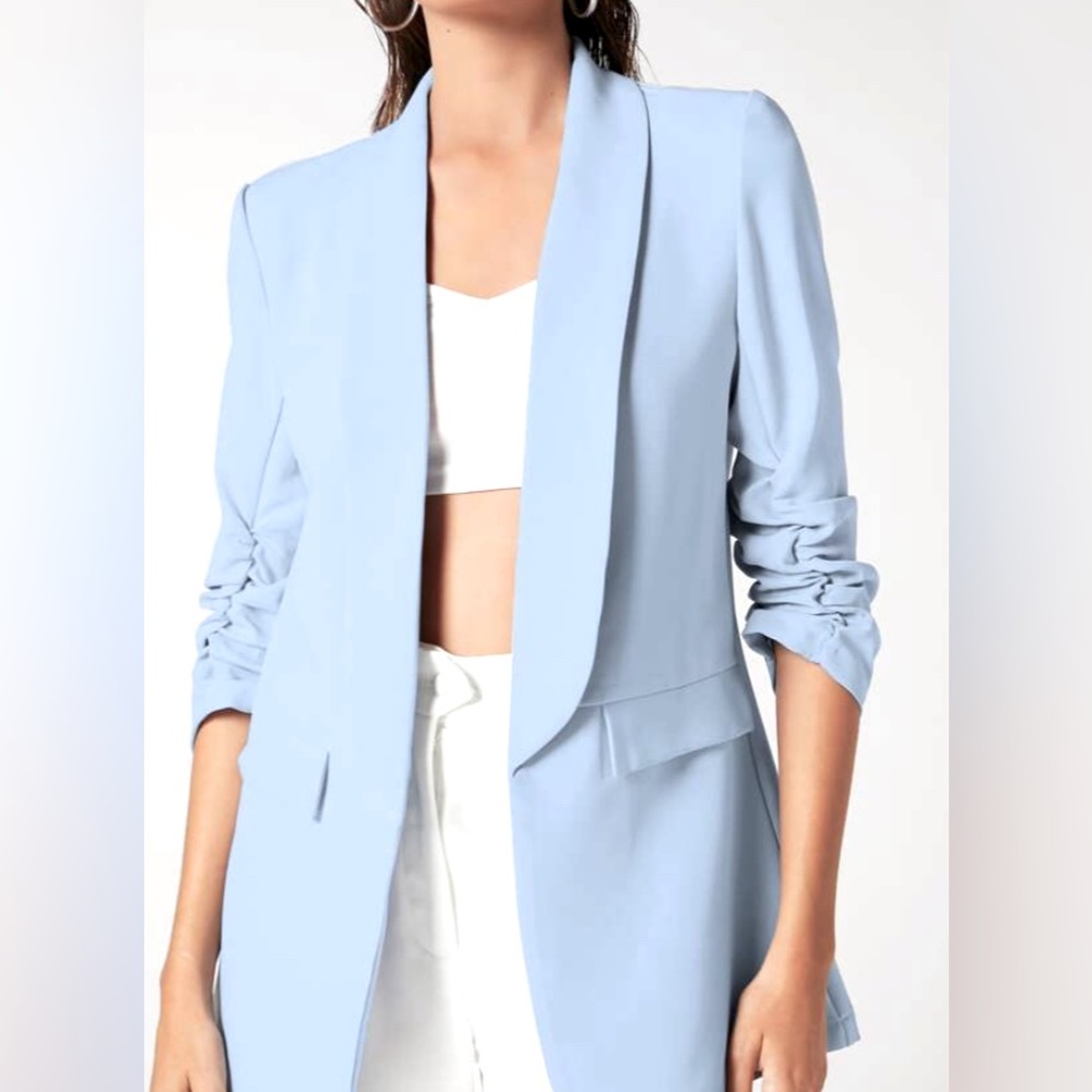 NWOT SHEIN BIZwear Shawl Collar Gathered Sleeve Flap Detail Blazer Workwear Blue